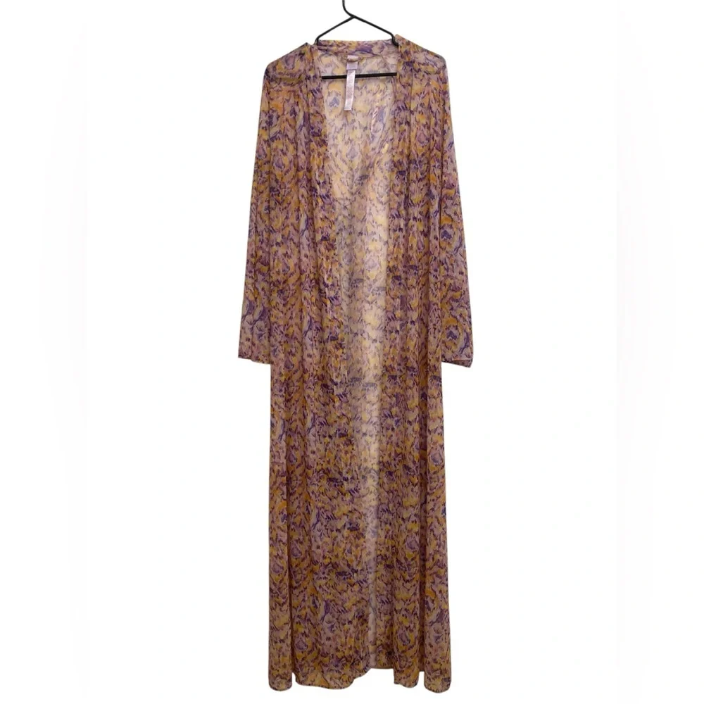 Savage X Fenty Sheer Kimono Robe, Lace Up Back, Yellow & Purple, Womens M /L - Picture 1 of 7